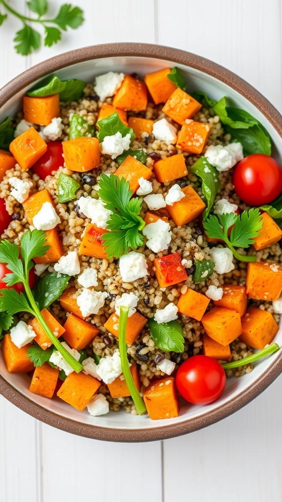 A colorful quinoa salad with roasted sweet potatoes, greens, tomatoes, and feta cheese in a rustic bowl.